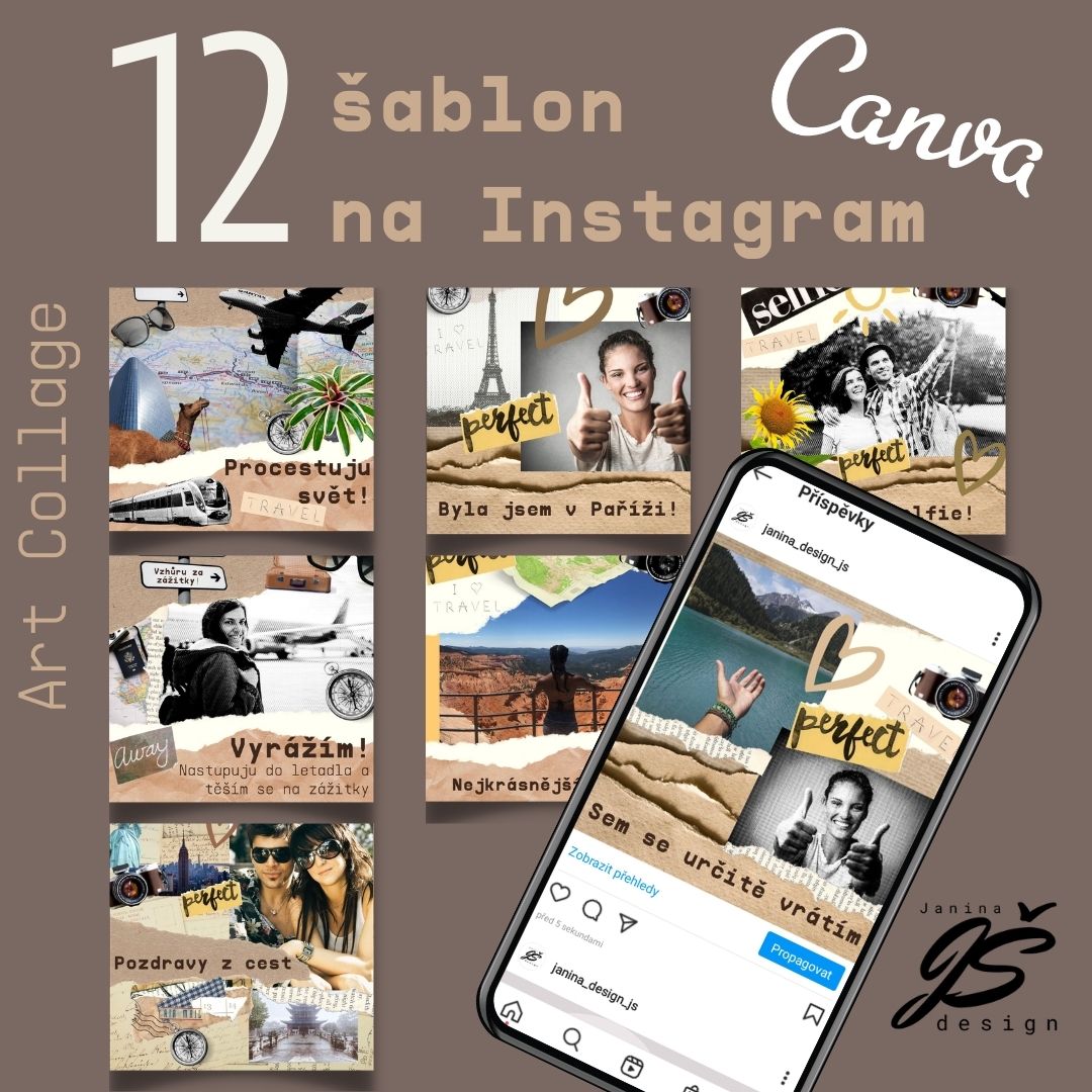 Procestuju svět IG Sada 12 Canva šablon na Instagram "Procestuju svět" ve stylu Art Collage