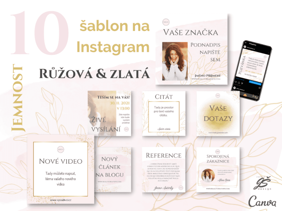 Růžová a zlatá Vše (Příspěvek na Instagramu) Řůžová a zlatá, sada 10 Canva šablon na Instagram